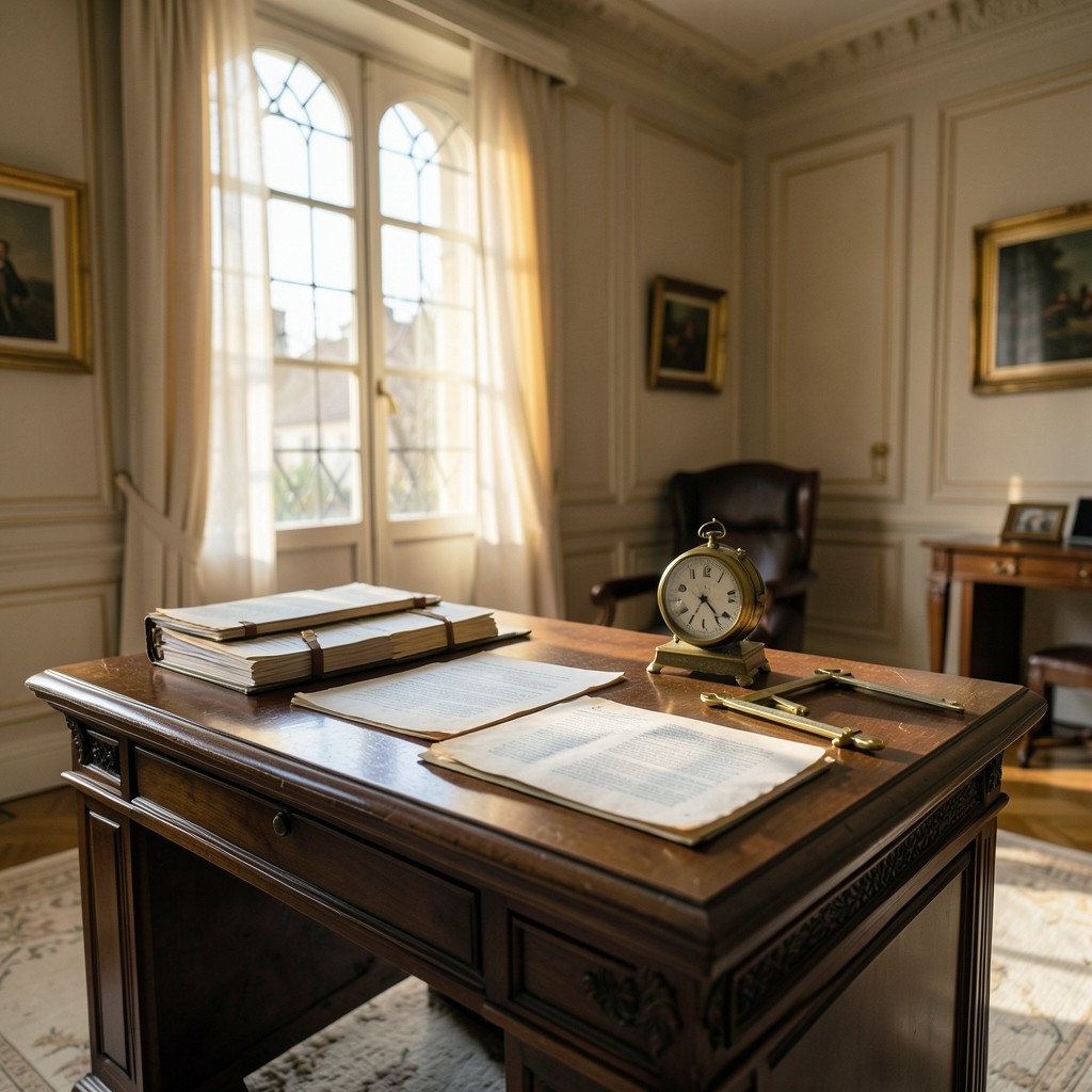 Cabinet de consultation juridique avec documents prud'homaux et horloge de précision en laiton