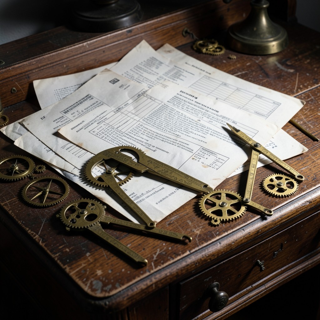 Documents prud'homaux et instruments de mesure en laiton sur un bureau en noyer